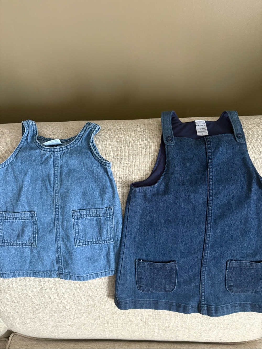 Pair of Girls' Denim Jumpers Light Wash 6M & Dark Wash 18M Wear all Year